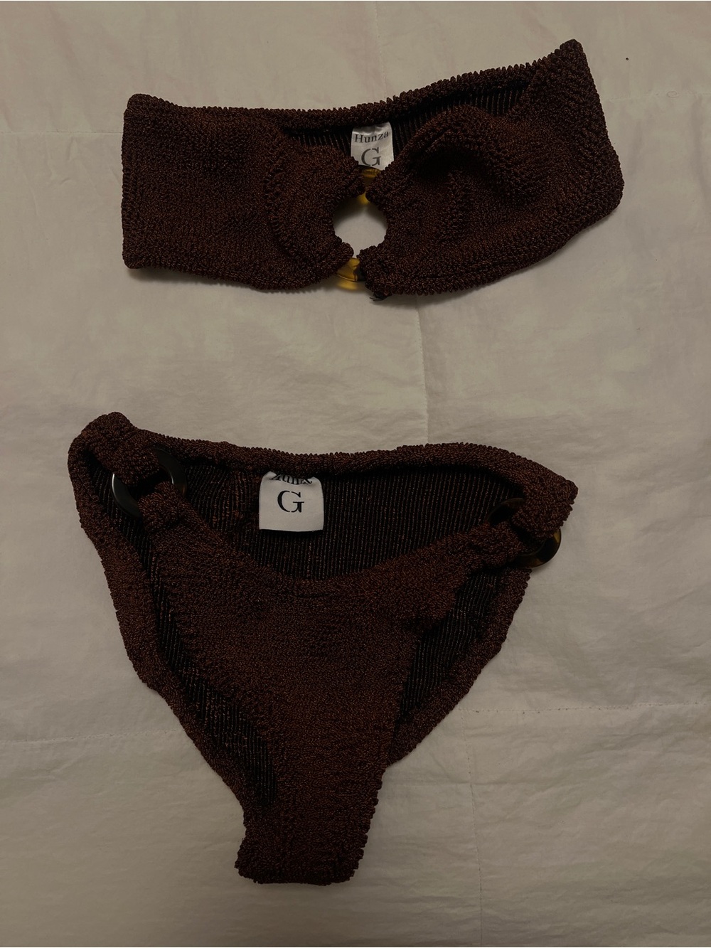 Hunza G Dark Brown Textured Bikini Top & Bottoms with Ring Accents